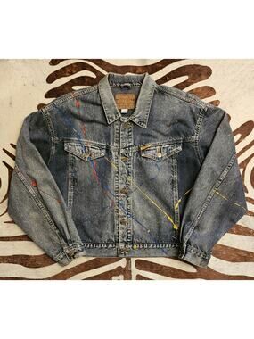 Vintage 80s Edwin Japanese Denim Black Stonewash "Big Jacket" Paint Splatter L